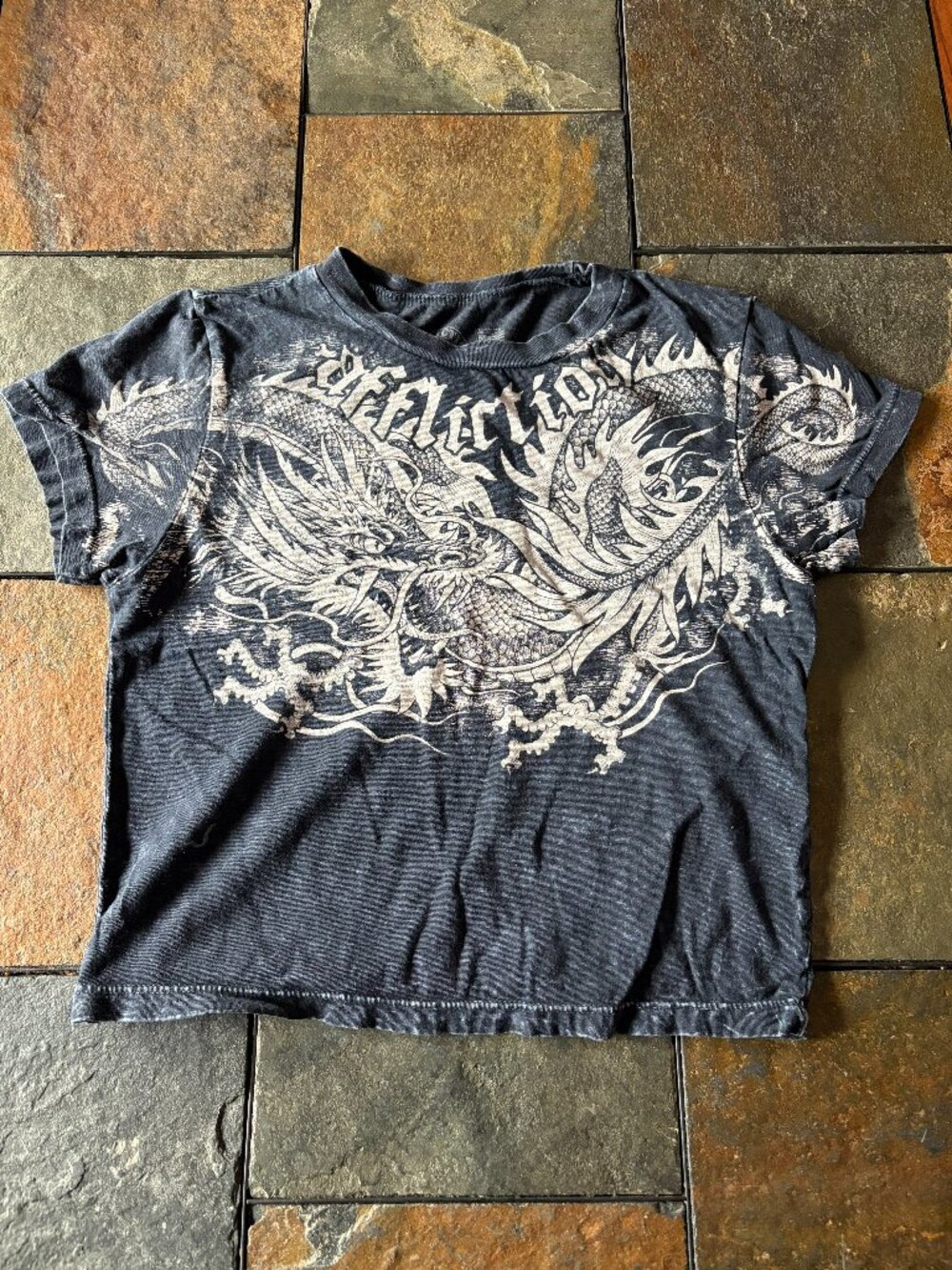 Affliction cropped dragon distressed baby tee black tattoo goth size M